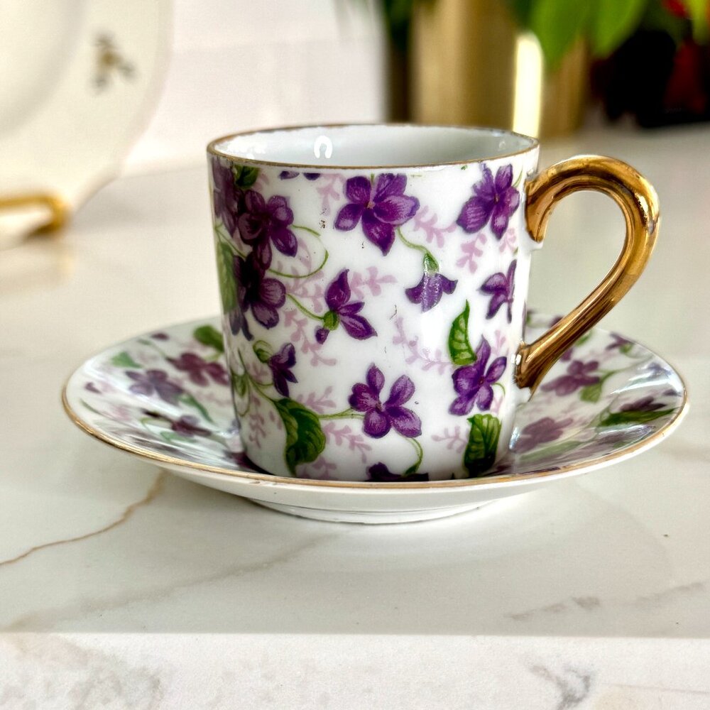 Vintage Demitasse Cup & Saucer Set, Violets and Leaves, INARCO #10027